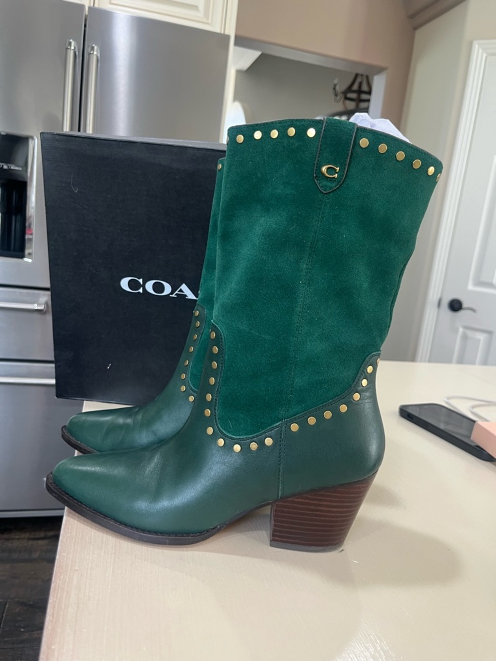 Coach Green Leather and Suede Studded Lace-Up Boots - Picture 2 of 2